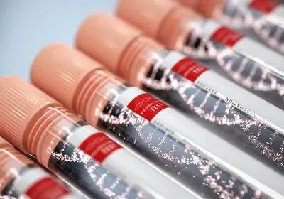 clear blood draw tubes with peach-colored caps and white labels with a red banner that has a DNA double helix icon and the word text. inside the tubes is a conceptual drawing of a DNA double helix in white